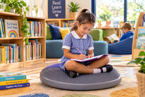 Child using a large tactile cushion for focused learning in a quiet school library.