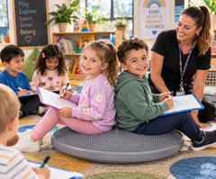 Children using a large tactile cushion for focused learning in a quiet school setting.