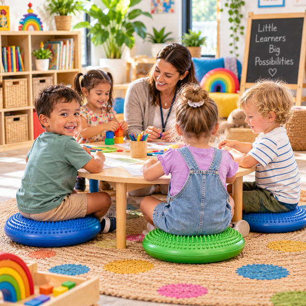 Tactile sensory cushions supporting flexible seating and learning in a vibrant preschool classroom.