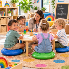 Tactile sensory cushions supporting flexible seating and learning in a vibrant preschool classroom.