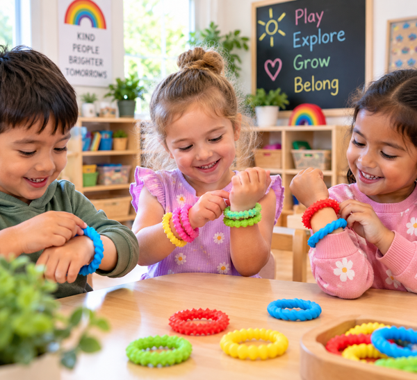 Children using colourful Textured Fidget Bracelets for sensory play and self-regulation in a preschool classroom.