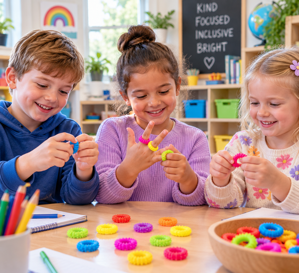 Children using colourful Textured Fidget Rings for sensory regulation and focus in a school classroom.