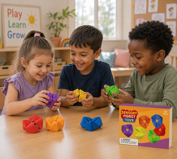 Three children smile and play with colorful origami fidget toys at a wooden table in a bright classroom. A box labeled Sensory Fidget Toys sits on the table beside them, surrounded by folded pieces in vibrant shades of red, orange, blue, green