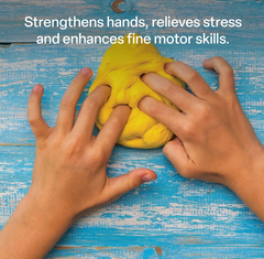 Hands poking yellow coloured Therapy Putty.  Set comes with five colour-coded resistance levels for hand strengthening, rehabilitation, fine motor development, occupational therapy, physiotherapy, NDIS support, aged care and home therapy.
