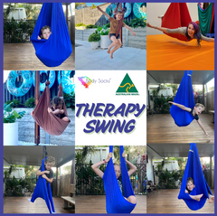 Eight images showing children using Lycra therapy swings in various ways.