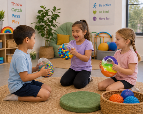 Throw ‘n’ Grab Sensory Balls Set of 3 being used by children in an inclusive sensory playroom for throwing, gripping, tactile exploration and gross motor activities.