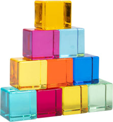 Colourful acrylic gem cubes stacked into a tower.