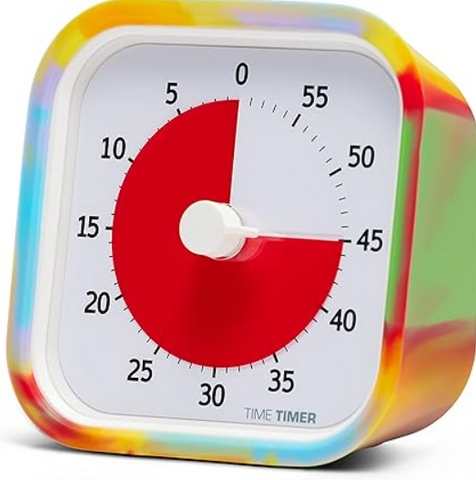 Image of limited Edition Time Timer 60 minute clock. Colorful timer with a red dial on a white background