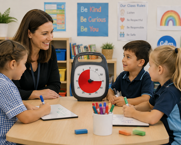 Children using a Time Timer PLUS 60 Minute during a classroom activity.