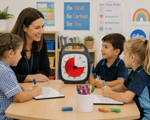 Children using a Time Timer PLUS 60 Minute during a classroom activity.