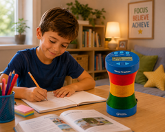 Child using a Time Tracker visual timer while completing homework at home.