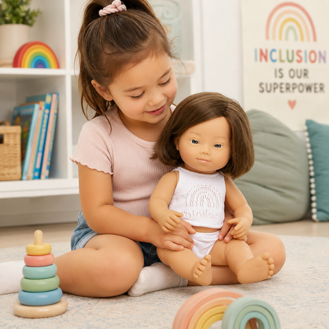 Child playing with Toddler Baby Girl Doll with Down Syndrome.