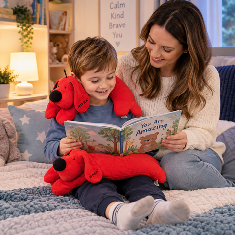 Child using Patrick the Dog Weighted Therapy Set with mum in a calming home bedroom setting.