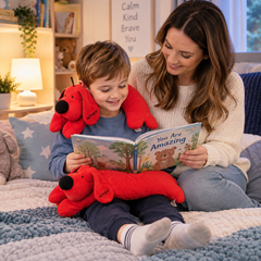 Child using Patrick the Dog Weighted Therapy Set with mum in a calming home bedroom setting.