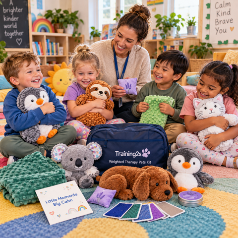 Children exploring the Training2s Weighted Therapy Pets Kit with a teacher in a vibrant preschool sensory setting.