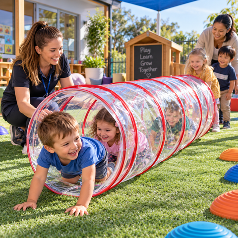 Transparent Crawling Tunnel supporting active play, coordination and confidence in an outdoor preschool setting.