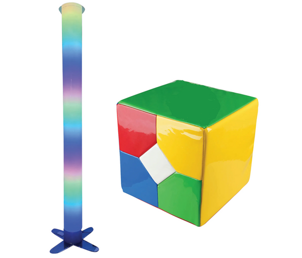 Waterless LED Tube with Extra Large Remote Cube featuring a 183cm colour-changing interactive sensory light tower with sound-reactive lighting for sensory rooms, occupational therapy, NDIS participants, classrooms, aged care and home environments.