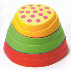 A stack of yellow, green, and orange WePlay Rainbow River Stones set of 6 textured stepping stones for balance, coordination and gross motor development