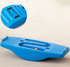 Blue coloured WePlay Seesaw Balance & Ball Run with grooved ball track and included ball, also showing rocking base in an inset
