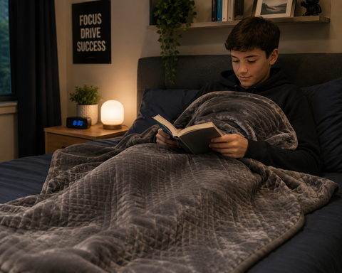 Teenage boy relaxing with a weighted minky blanket while reading in bed.