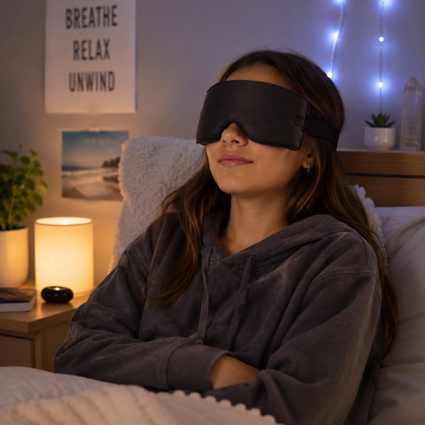 Teen relaxing with a weighted eye mask in a calm, cosy bedroom setting.
