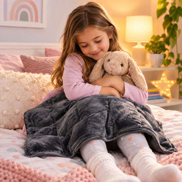 Child relaxing with a Weighted Lap Pad and cuddly toy in a warm bedroom sensory setting.