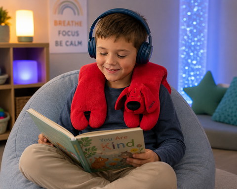 Child wearing a weighted shoulder pad and headphones while reading in a calming sensory space.