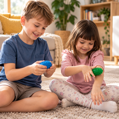 Brother and sister using Weplay Olive Massage Balls for tactile sensory play at home.