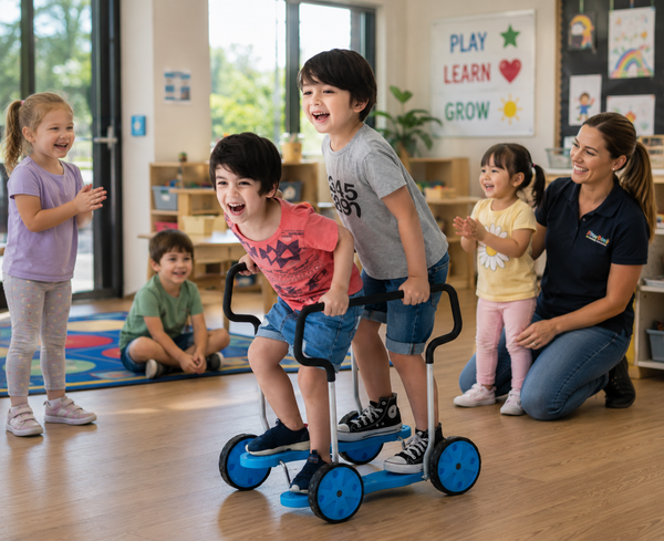 Children enjoying the Weplay Taxi Roller with classmates and a teacher in a school setting.