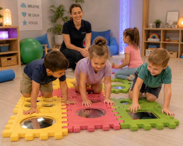 Children exploring colourful sensory mirror panels during a supervised therapy session.