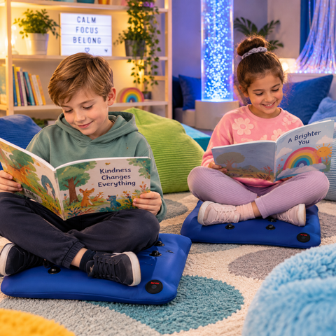 Children relaxing and reading on Wipe Clean Massage Cushions in a calming school sensory space.
