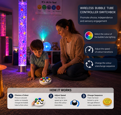 adult and child using the wireless interactive switch box with bubble tube in the background