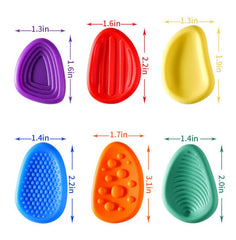 Bendy Worry Stones size guide showing six textured sensory fidgets for focus, stress relief and fine motor support