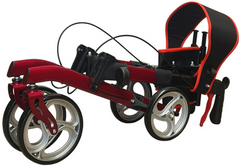 The image depicts a Red XFold Rollator equipped with 10-inch front wheels. PA350. It is folded up.