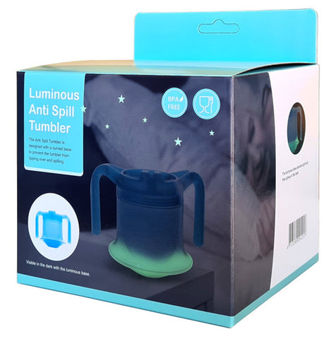 Luminous Anti Spill Tumbler packaging showing blue tumbler with glowing base in dark