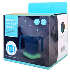Luminous Anti Spill Tumbler packaging showing blue tumbler with glowing base in dark