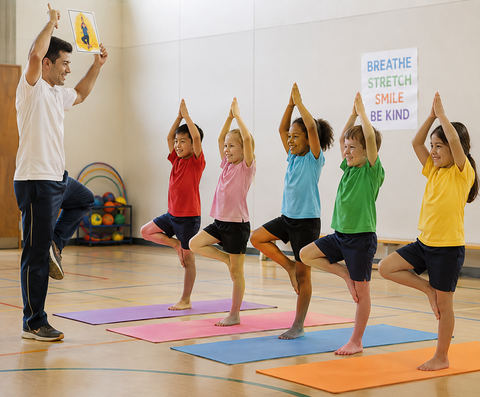 Children enjoying a guided yoga session with activity cards in a bright school gym.