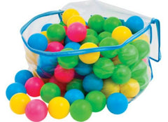 This is an image of plastic balls. The balls are pink, red, blue, green and yelloe.