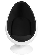 This is an image of an oval Egg Floor Chair. White Fiberglass Outer with Black Inner Cushion - front View