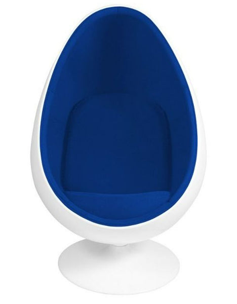 This is an image of an oval Egg Floor Chair. White Fiberglass Outer with Blue Inner Cushion - Front view