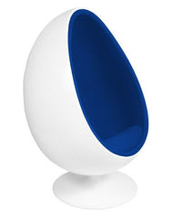 This is an image of an oval Egg Floor Chair. White Fiberglass Outer with Blue Inner Cushion - side view