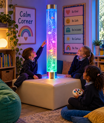 Children sit on a podium, enjoying the gentle glow of a bubble tube while using a wireless switch controller.