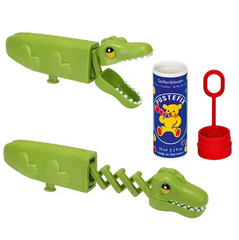 This is an image of a plastic alligator bubble catcher with a bottle of bubble mix