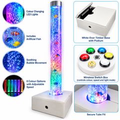 Bubble tube with vinyl podium, switch box, color-changing bubbles, and fish.