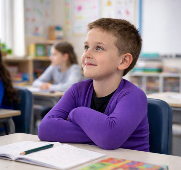 Young boy sitting at a desk wearing a DPT purple coloured Hug-A Shrug Compression Hug-a-Shrug sensory support garment for kids and adults with stretchy fabric and built-in hand pockets