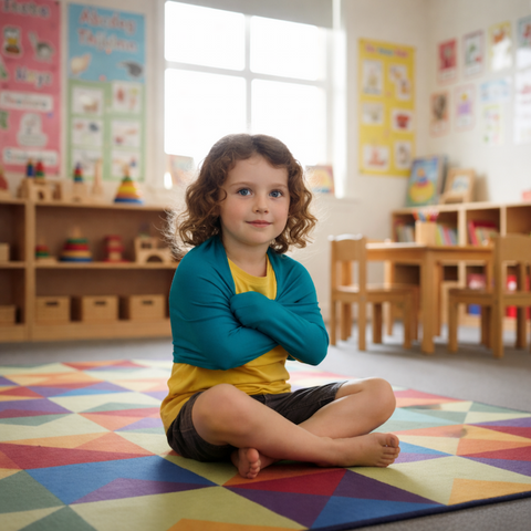Child sitting on a colorful rug in a classroom setting wearing a DPT Hug-a-shrug in a teal colour.