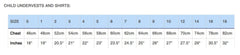 This is an image of the sizing charts for calmcare undervests and shirts for children.