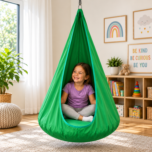 Child seated inside a hanging nest pod sensory swing