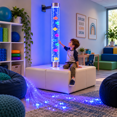 child sitting on a podium with bubble tube and fire optic lights along floor in a therapy setting