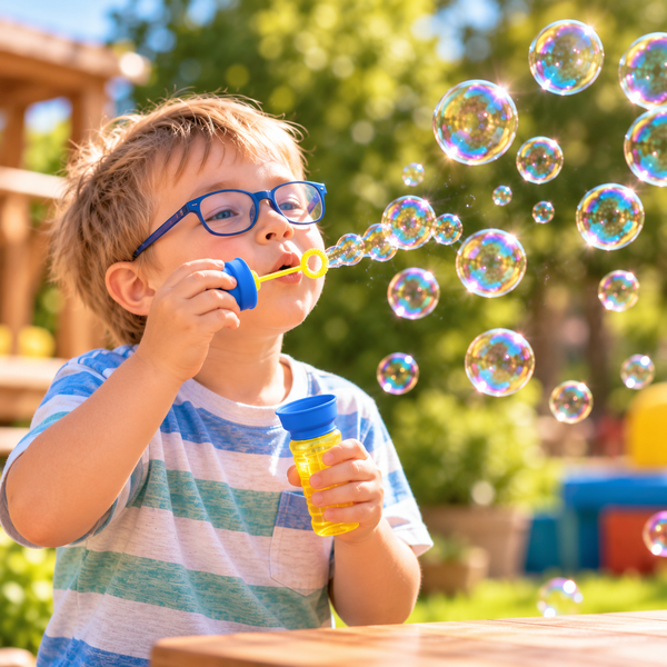 A child using an adaptive, non-spill lid for blowing bubbles.